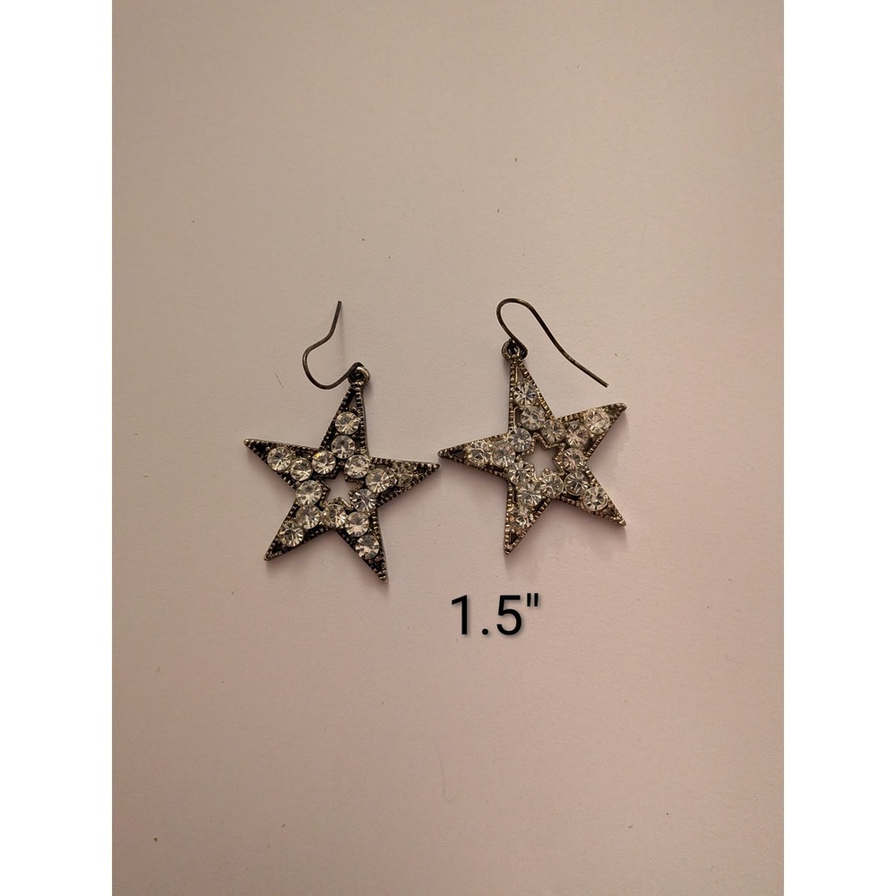 Silver Tone Rhinestone Star Drop Earrings Celestial Dangle French Hook 1.5 Inch